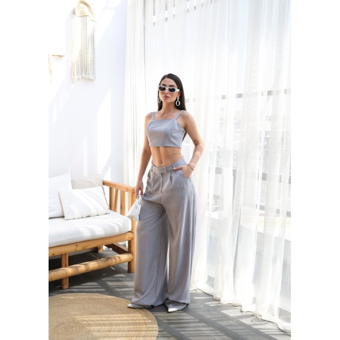 Lucky Life Kadın Keten Gi̇peli̇ Crop Ve Pantolon İki̇li̇ Takim