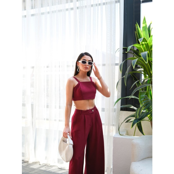 Lucky Life Kadın Keten Gi̇peli̇ Crop Ve Pantolon İki̇li̇ Takim