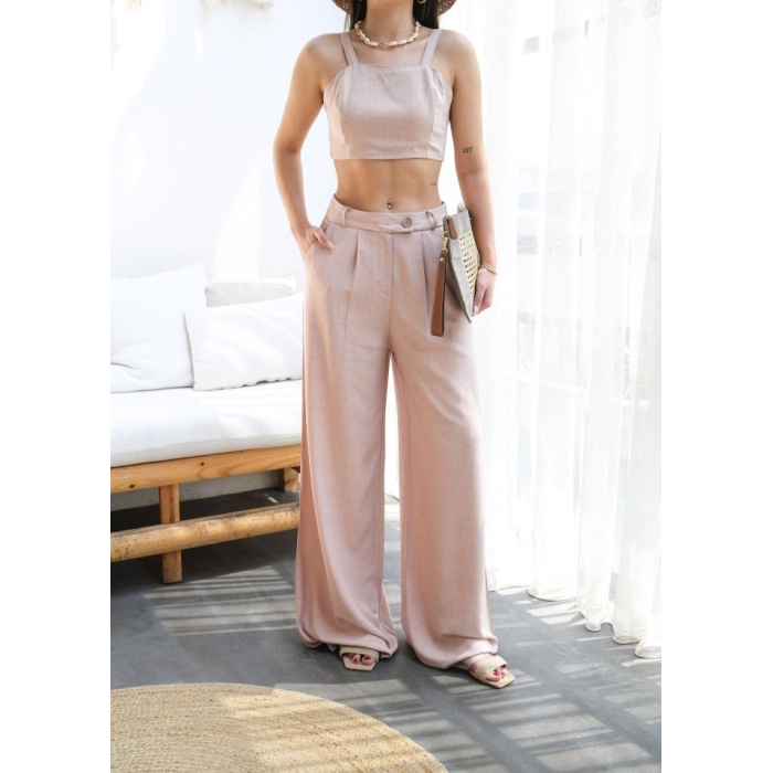 Lucky Life Kadın Keten Gi̇peli̇ Crop Ve Pantolon İki̇li̇ Takim