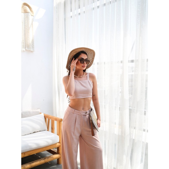 Lucky Life Kadın Keten Gi̇peli̇ Crop Ve Pantolon İki̇li̇ Takim