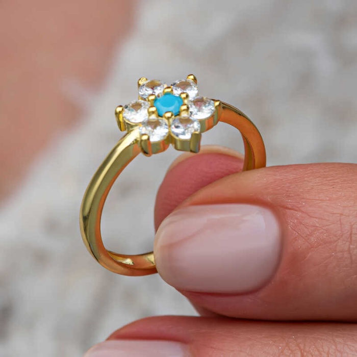 Lucky Life Gümüş Mavi Taşlı Gold Çiçek Kadın Yüzük