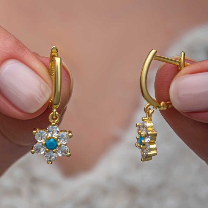 Lucky Life Gümüş Mavi Taşlı Gold Çiçek Kadın Set
