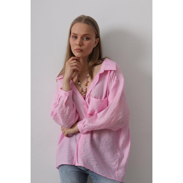 Lucky Life Kadın Cepli Oversize Gömlek - Pembe