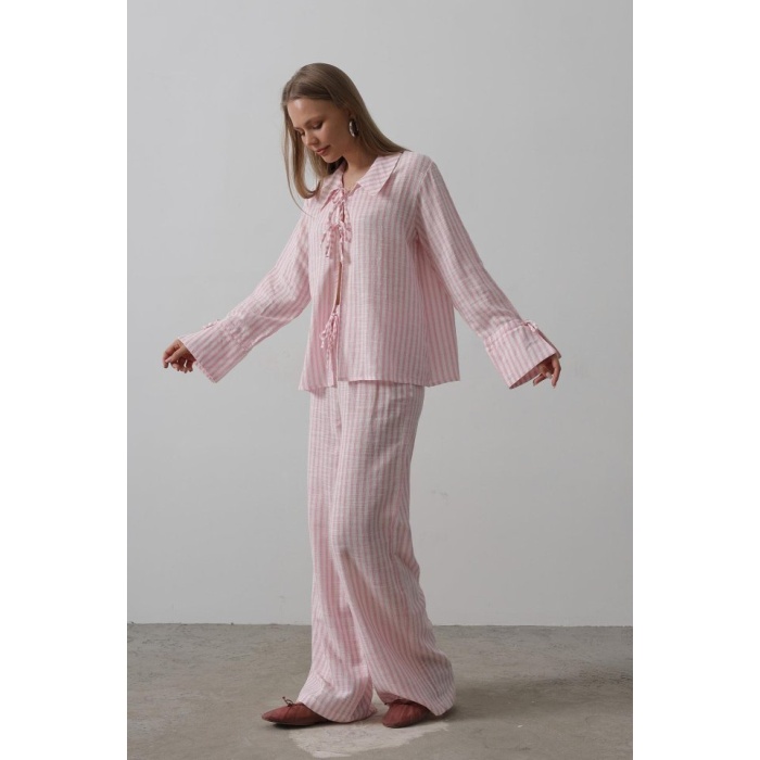 Çzgili Bağlamalı Pantolon Takım - Pembe