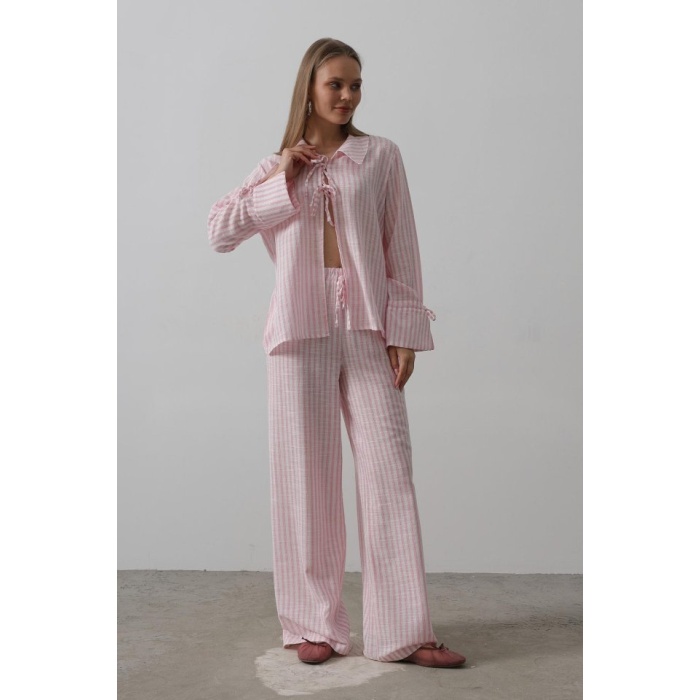 Çzgili Bağlamalı Pantolon Takım - Pembe