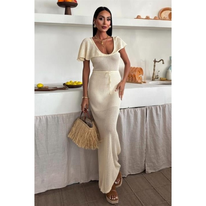 Derin Yakalı Ve File Detaylı Triko Elbise 2867