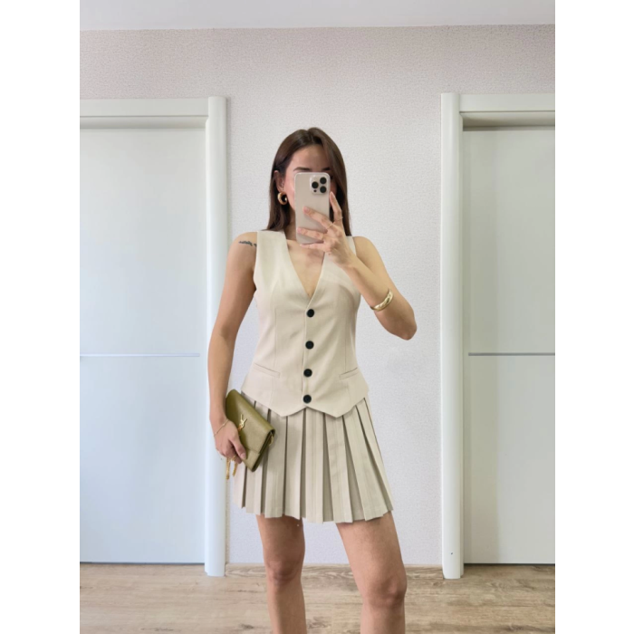 Takım Görünümlu Yelekli Mini Elbise- Bej
