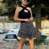 Siyah Üzeri Beyaz Desenli Fırfırlı Mini Etek