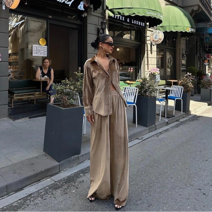 Camel Kadife Gömlek Pantolon Takım