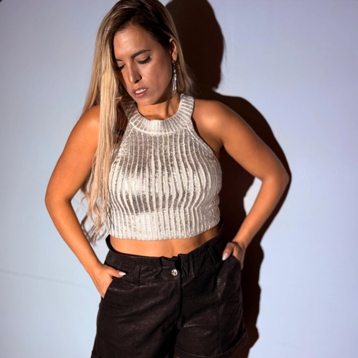 Gümüş Triko Sıfır Kol Crop