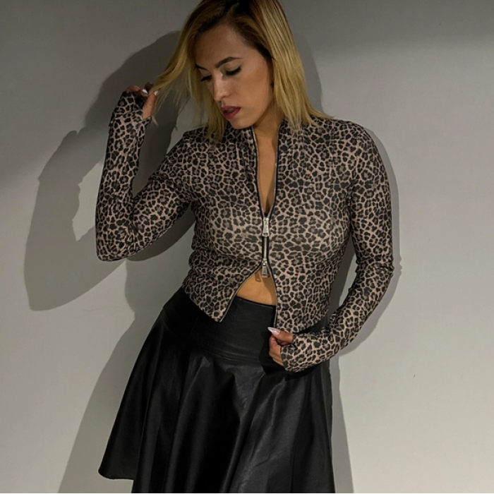 Leopar Önü Çift Fermuarlı Yarın Balıkçı Bluz