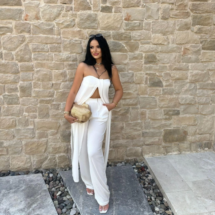 Beyaz Bürümcük Straplez Tunik Pantolon Takım