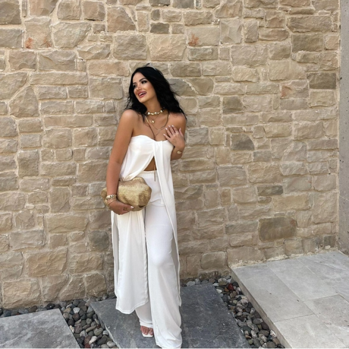 Beyaz Bürümcük Straplez Tunik Pantolon Takım