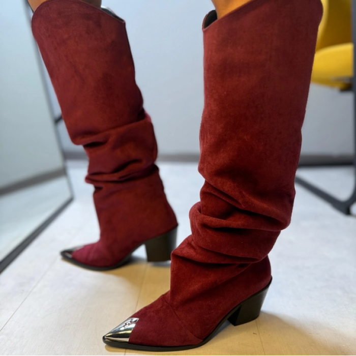 Bordo Süet Önü Metal Detay Kovboy Çizme