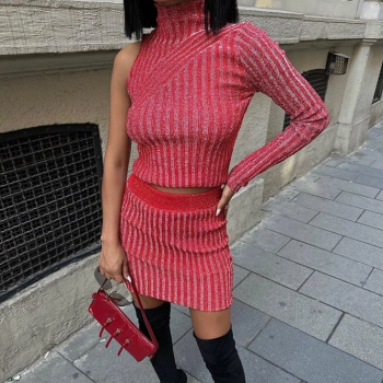 Kırmızı Simli Tek Kol Kazak Mini Etek Takım