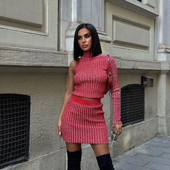 Kırmızı Simli Tek Kol Kazak Mini Etek Takım