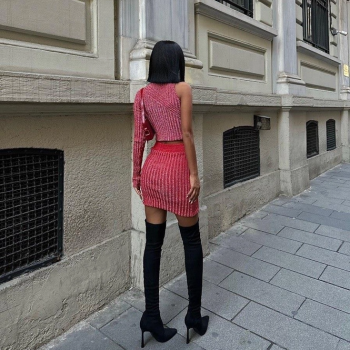 Kırmızı Simli Tek Kol Kazak Mini Etek Takım