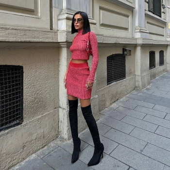 Kırmızı Simli Tek Kol Kazak Mini Etek Takım