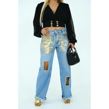 Mavi Gold Zincir Detaylı Tasarım Mom Jean