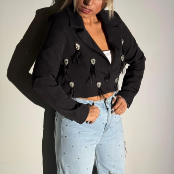 Siyah Tüy Ve Taş Detaylı Tasarım Ceket