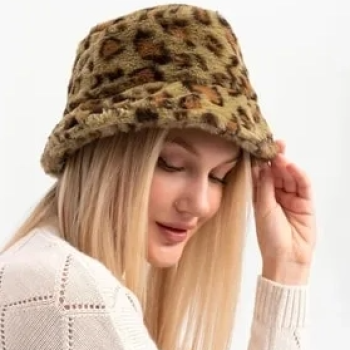 Leopar Peluş Vizon Bucket Şapka