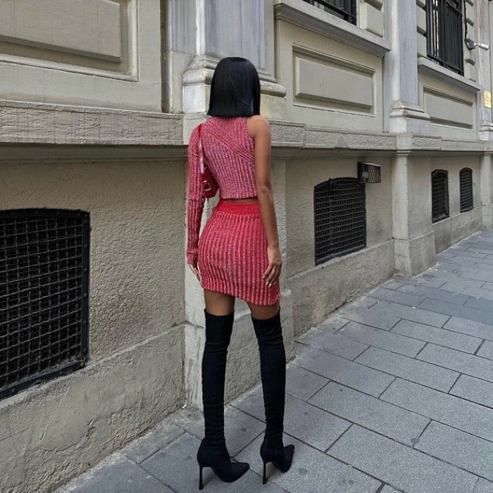 Kırmızı Simli Tek Kol Kazak Mini Etek Takım