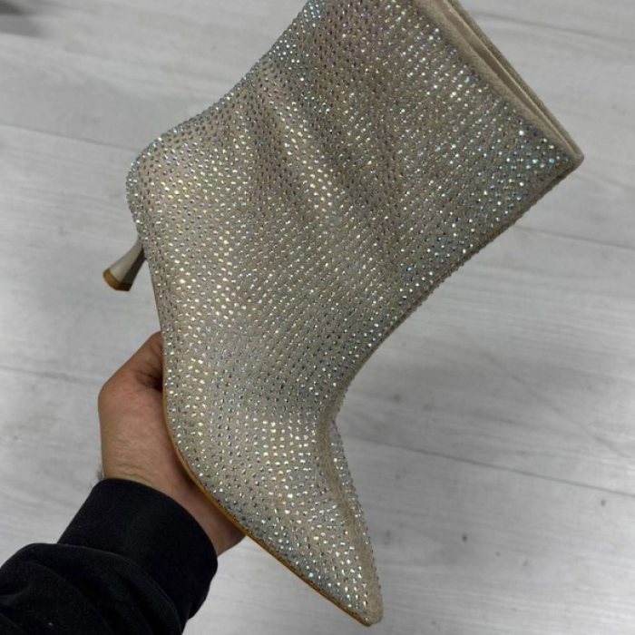 Ekru Full Taş Detay Topuklu Bot