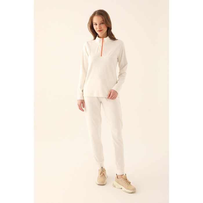 Zipper Detail Beyaz Kadın Uzun Kol Pijama Takım