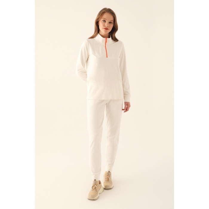Zipper Detail Beyaz Kadın Uzun Kol Pijama Takım