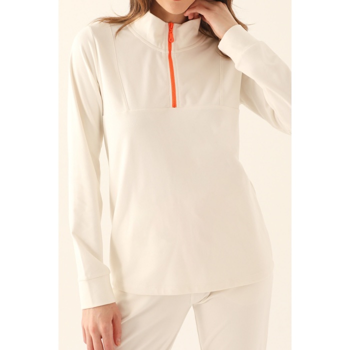 Zipper Detail Beyaz Kadın Uzun Kol Pijama Takım