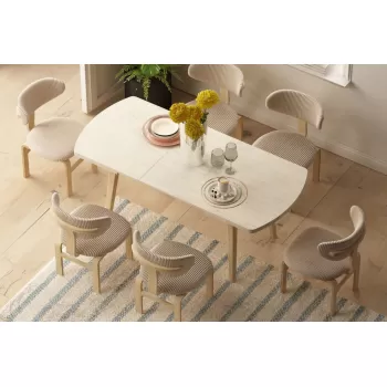 Sofya Ahşap Sandalye Aras Ahşap Traverten Mutfak Masası Takımı - 80x140 cm