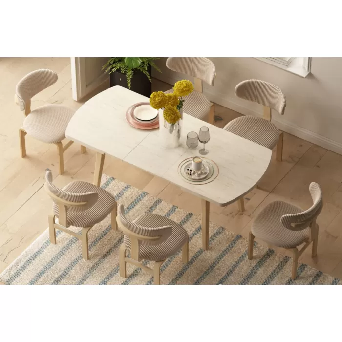 Sofya Ahşap Sandalye Aras Ahşap Traverten Mutfak Masası Takımı - 80x140 cm