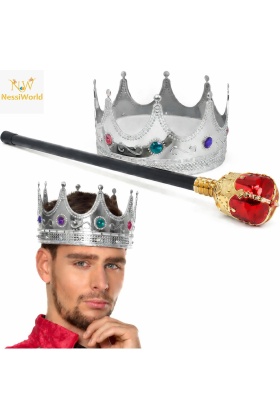 Gümüş Kral Tacı Kraliyet Tacı 60 cm ve Kırmızı Topuzlu Kral Asası Seti