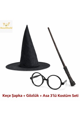 Harry Potter Tarzı Çocuk Seti (Siyah Keçe Şapka, Asa, Gözlük)