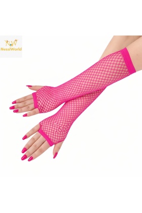 80’ler 90’lar Retro Neon Fuşya Şeker Pembesi File Parmaksız Eldiven 26 cm