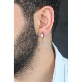 Silver Renk Kaplama Osmanlı Tuğra Figürlü Kıstırmalı Çelik Erkek Küpe