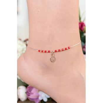 Kırmızı Renk Miyuki Taşlı Ananas Figürlü Metal Hal Hal