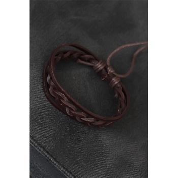 Kahverengi Örgü Deri Erkek Bileklik