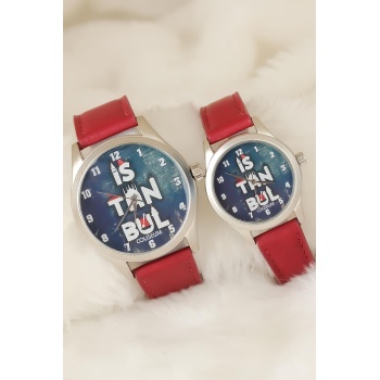 Bordo Renk Deri Kordonlu İstanbul Tasarımlı Sevgili Saatleri