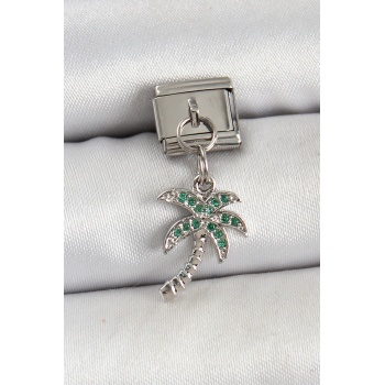 316L Çelik Sallantılı Zirkon Taşlı Palmiye Ağacı Model Gümüş Renk Nomination Charm