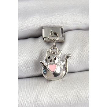 316L Çelik Sallantılı Kalp Detaylı Kedi Model Gümüş Renk Nomination Charm