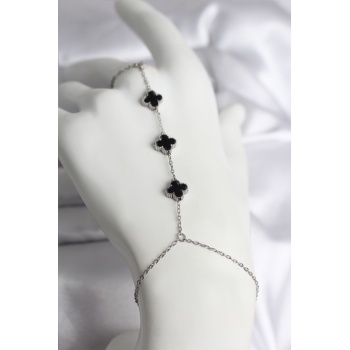 316L Çelik Gümüş Renk Siyah Yonca Model Kadın Şahmeran