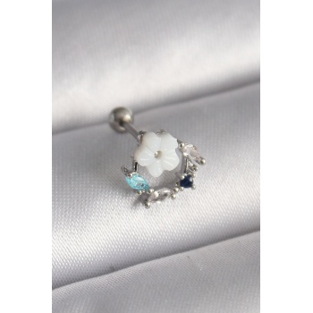 316L Çelik Gümüş Renk Zirkon Taş Detay Beyaz Çiçek Model Tragus Piercing