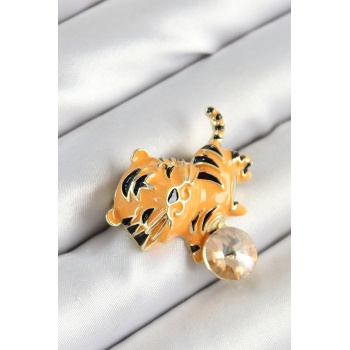 Zirkon Taşlı Siyah Çizgili Turuncu Kaplan Figürlü Gold Renk Kadın Broş