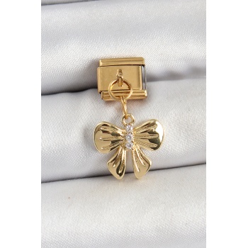 316L Çelik Sallantılı Zirkon Taşlı Fiyonk Model Gold Renk Nomination Charm