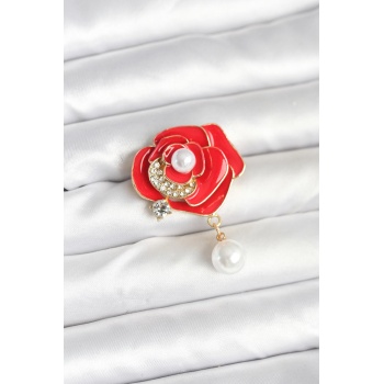 Kırmızı Gül İncili Model Broş