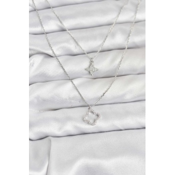Pirinç Gümüş Renk Yonca Model 2li Kadın Kolye