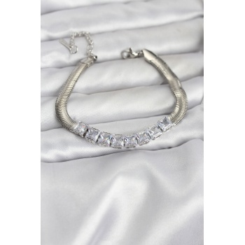 316L Çelik Gümüş Renk Kare Zirkon Taşlı Yılan Zincirli Kadın Bileklik