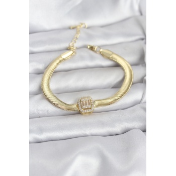 316L Çelik Gold Renk Baget Zirkon Taşlı Yılan Zincirli Kadın Bileklik