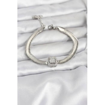 316L Çelik Gümüş Renk Baget Zirkon Taşlı Yılan Zincirli Kadın Bileklik